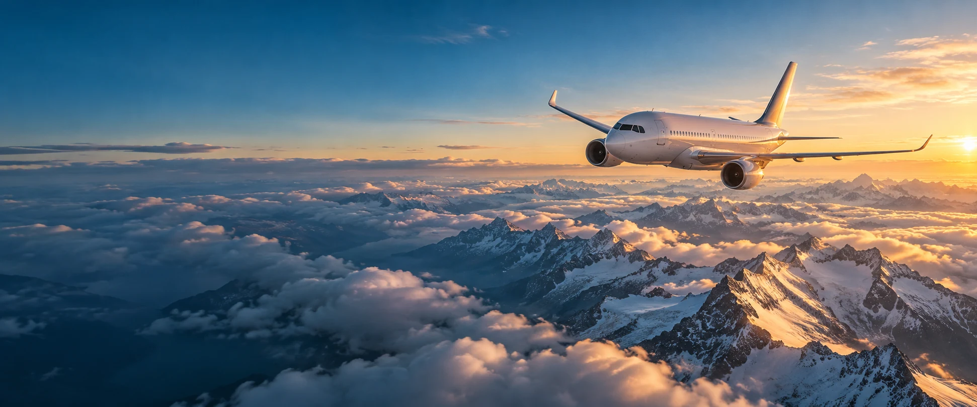 Passenger jet above cloud-covered Alpine peaks at sunrise